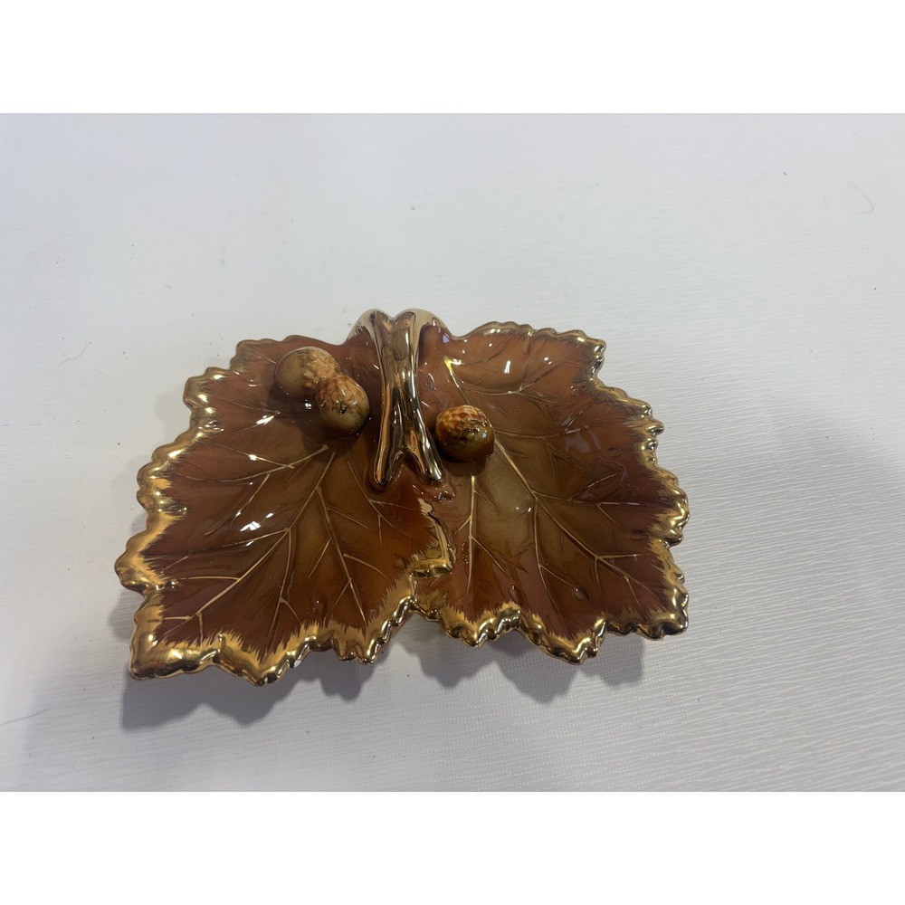 Vintage Ceramic Double Leaf Candy Dish Amber Brown Gold Trim Nuts 8 Inch